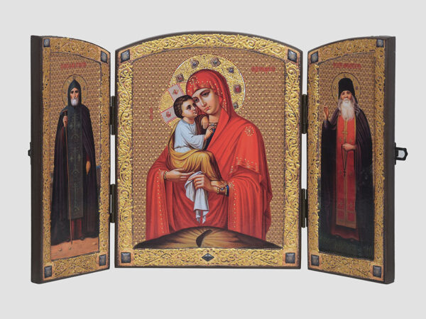 Складень: Почаевская икона Божией Матери, Cв.Иов, Св.Амфилохий