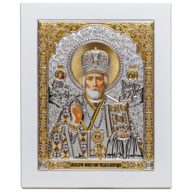 Святой Николай (икона серебряная, белая)