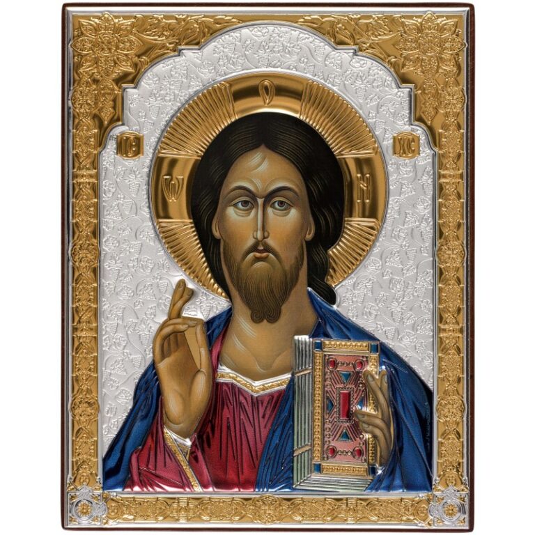 Спаситель, серебряная икона, цветная