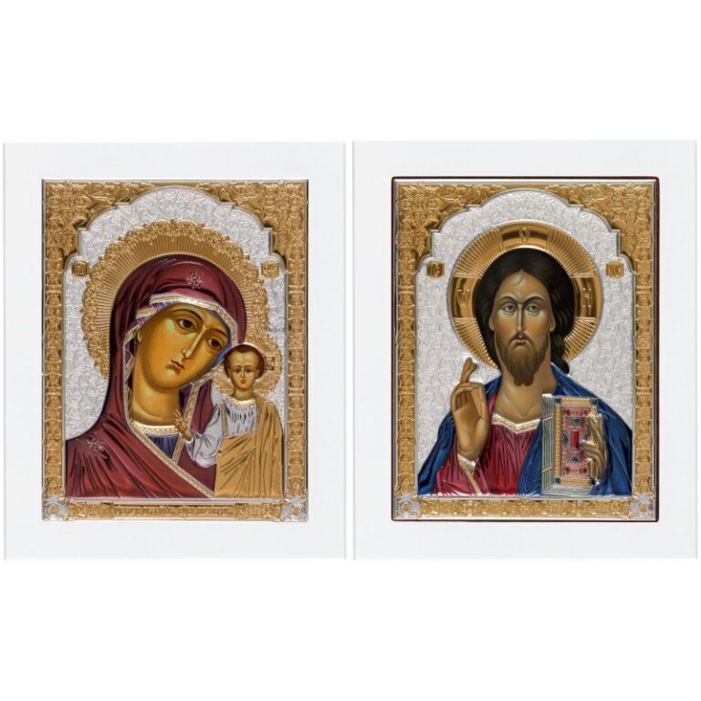 Венчальная пара серебро с Казанской иконой Божией Матери(белая, цветная)
