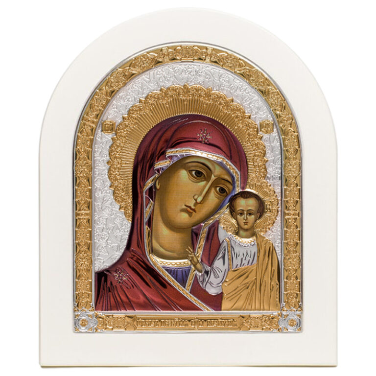 Казанская икона Божией Матери (серебряная, арочная, белая, цветная)
