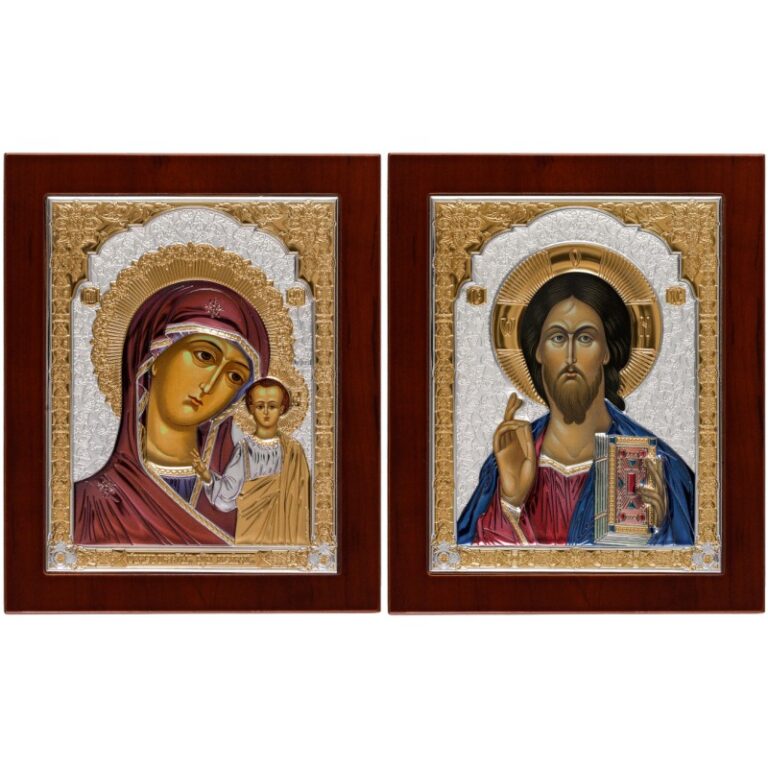 Вінчальна пара срібло з Казанською іконою Божої Матері(коричнева, кольорова)