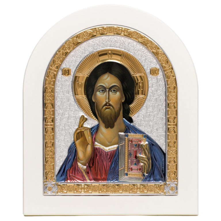 Спаситель (ікона срібна, арочна, біла, кольорова)